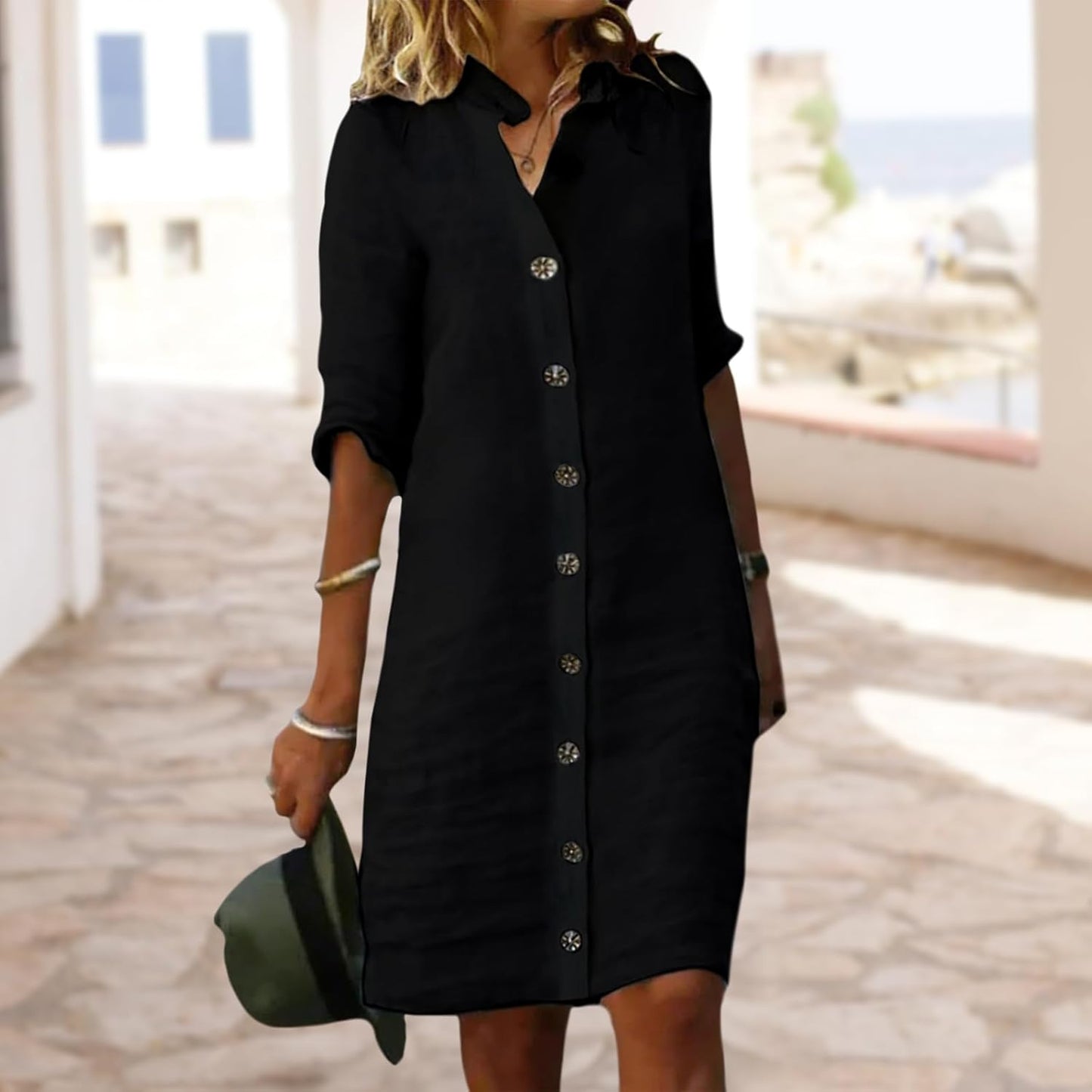 GYMTSL Linen Button Down Midi Shirt Dress for Women, Elbow Sleeve Knee Length Loose Casual Spring Summer Linen Button Dress