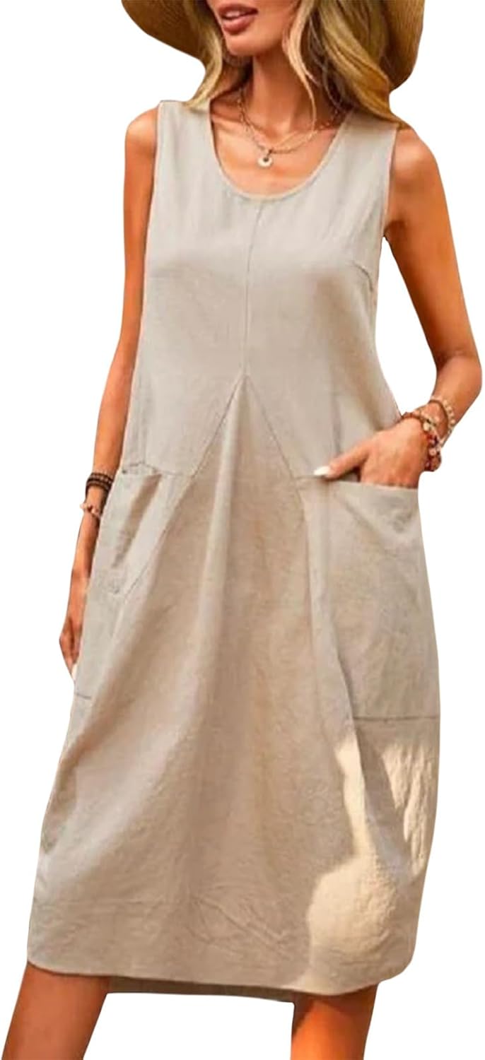 NAILONG Midi Tank Dress for Women with Pockets - Loose Scoop Neck Sleeveless Summer Casual Cotton Beach Vacation Dress 2026