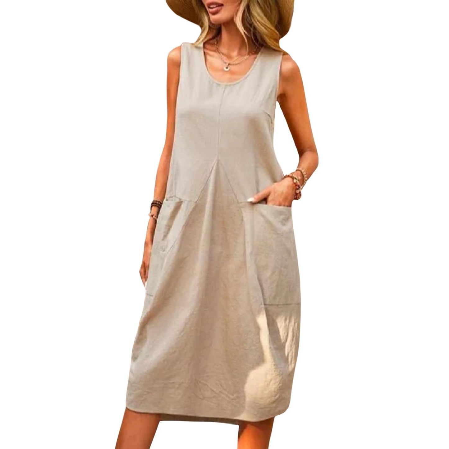 NAILONG Midi Tank Dress for Women with Pockets - Loose Scoop Neck Sleeveless Summer Casual Cotton Beach Vacation Dress 2026