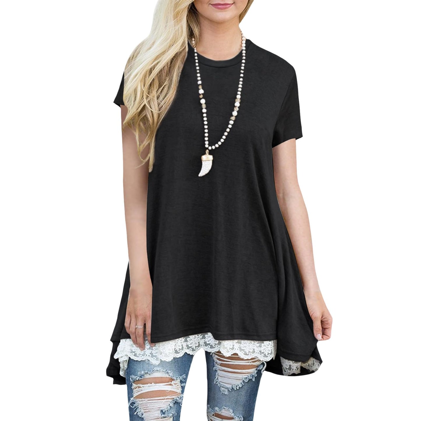 gukoo Lace Trim Short Sleeve Shirt for Women, Swing Tunic Blouse Crew Neck Flowy Flared Tops Trendy 2026 Casual T Shirt