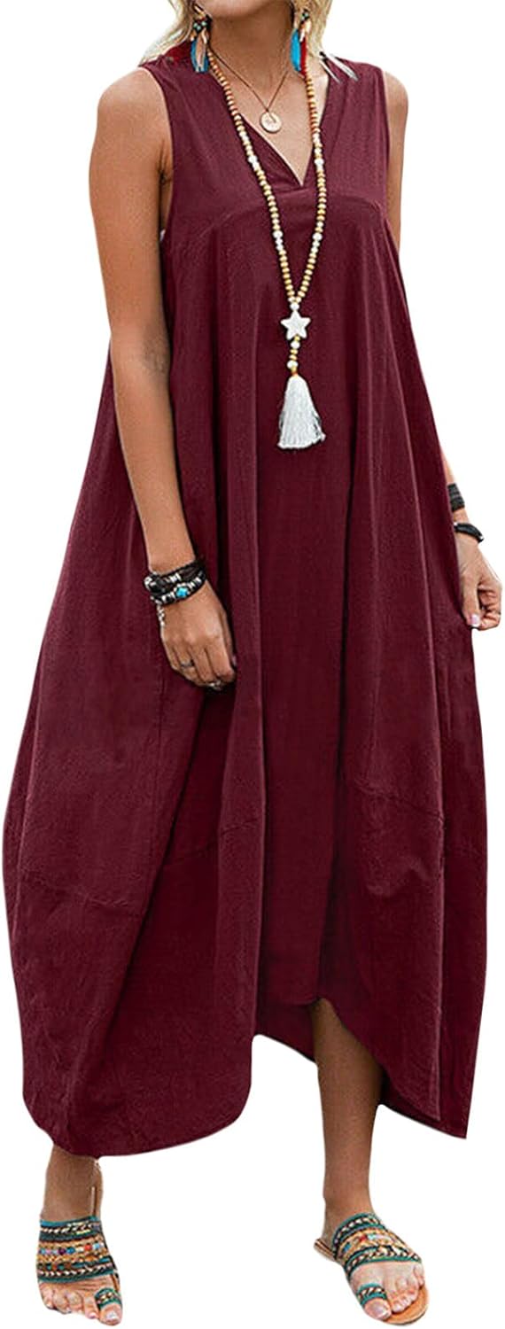 Bejirog Linen Tank Dress for Women, Long Flowy Loose Maxi V Neck Sleeveless Casual Summer Beach Vacation Dress with Pockets