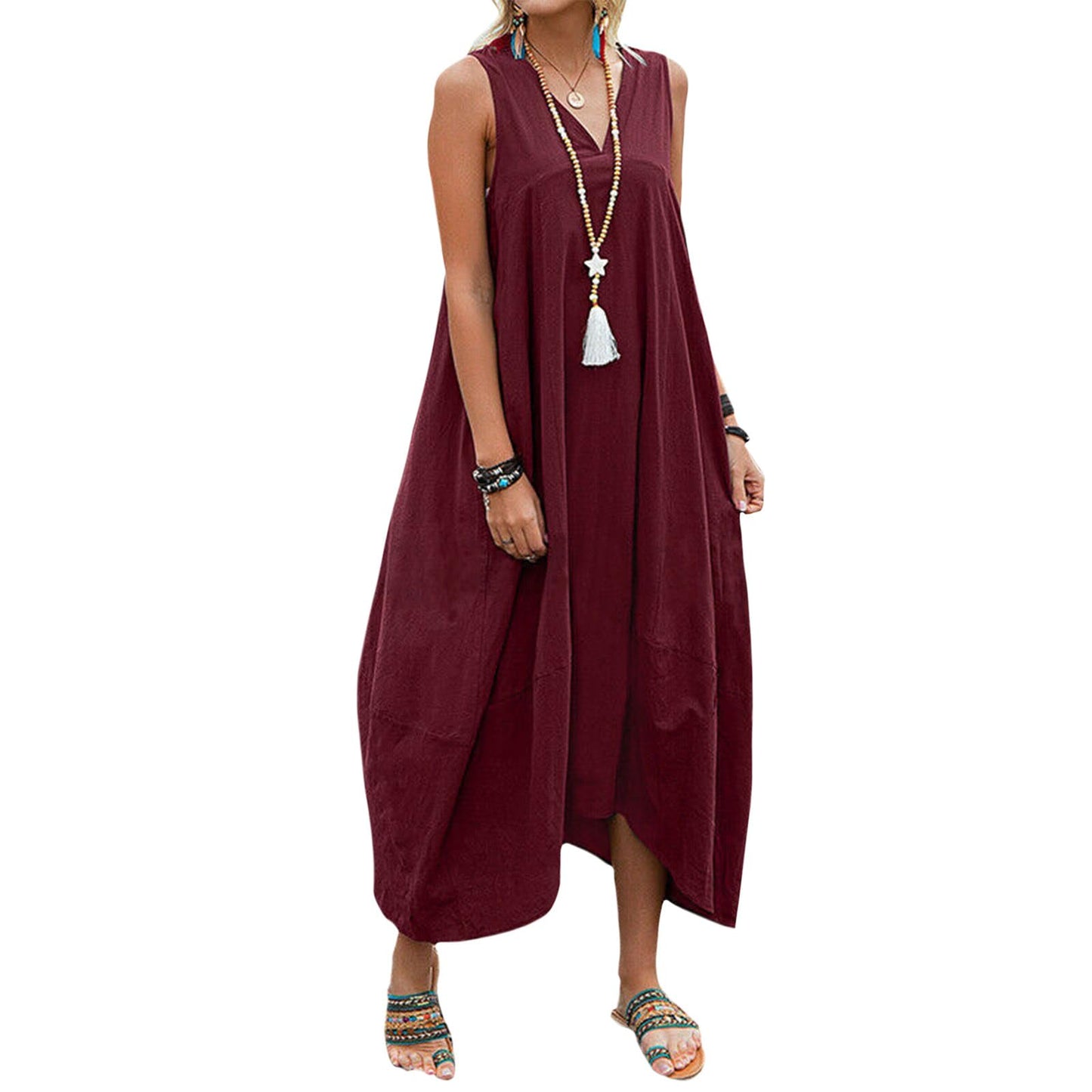 Bejirog Linen Tank Dress for Women, Long Flowy Loose Maxi V Neck Sleeveless Casual Summer Beach Vacation Dress with Pockets