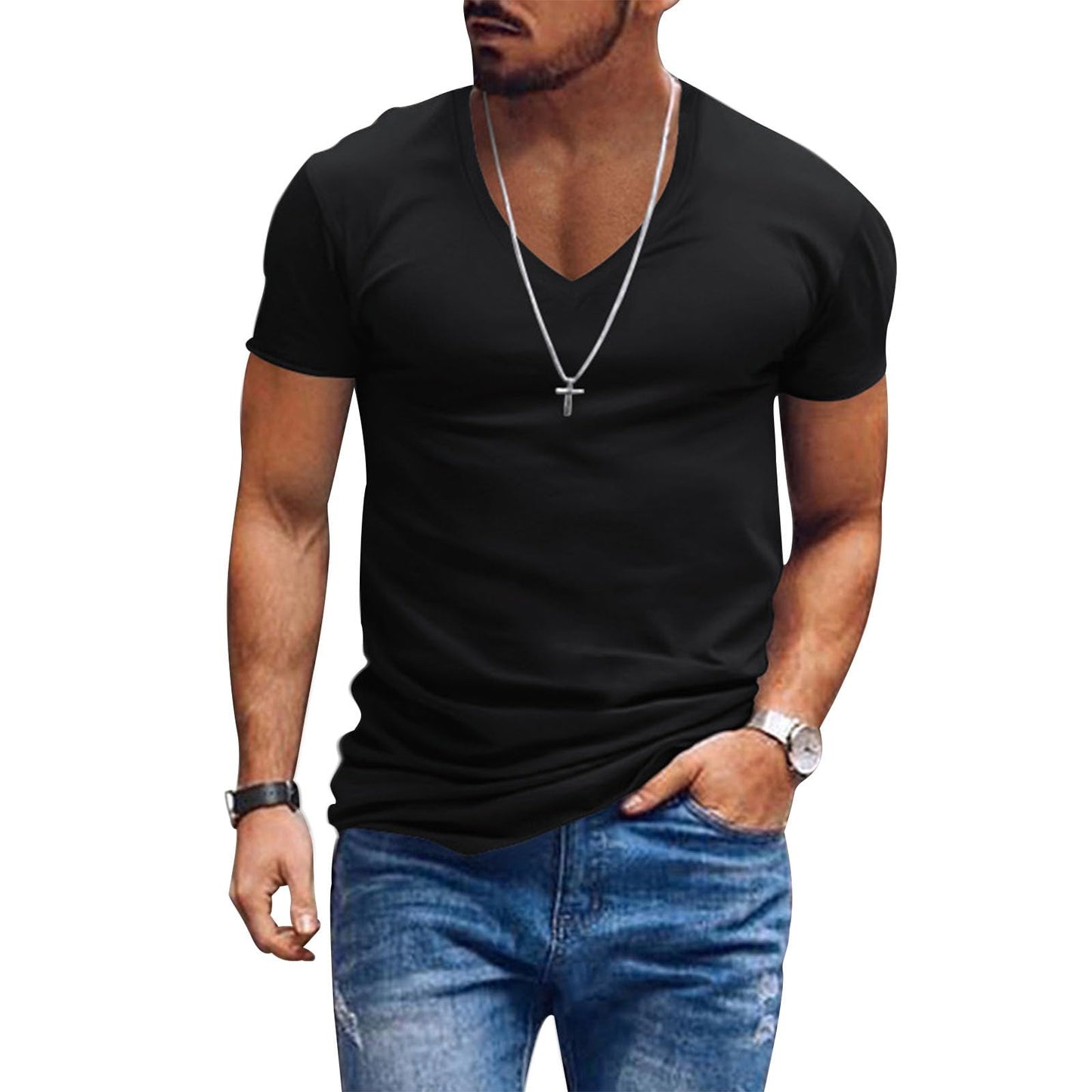 Alivebody Mens T Shirts Solid Color Deep V Neck Basic Muscle Fit Tee Muscle Slim Fit Low Cut Stretch Soft Lightweight Tshirt