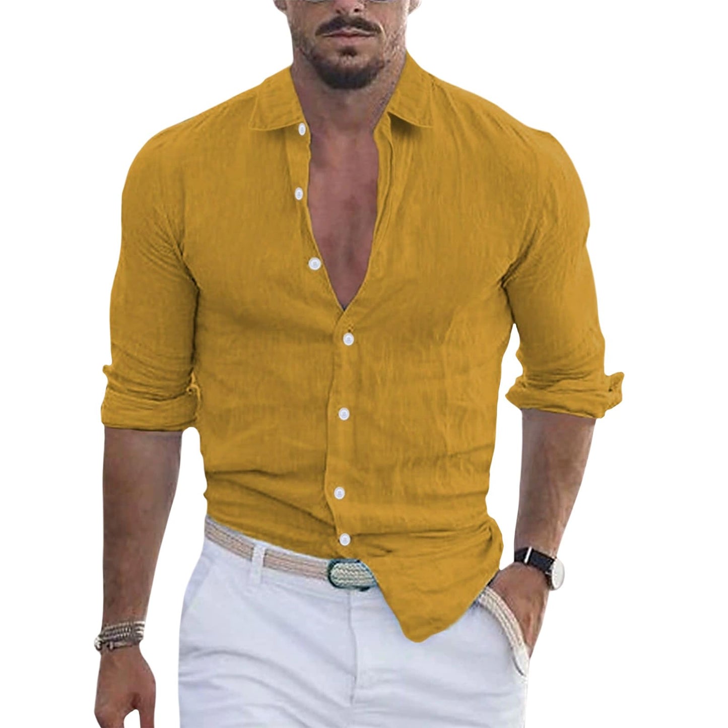 GYMTSL Mens Button Down Shirt Casual Summer Long Sleeve Business Dressy Blouse Solid Collar High Elastic Tops