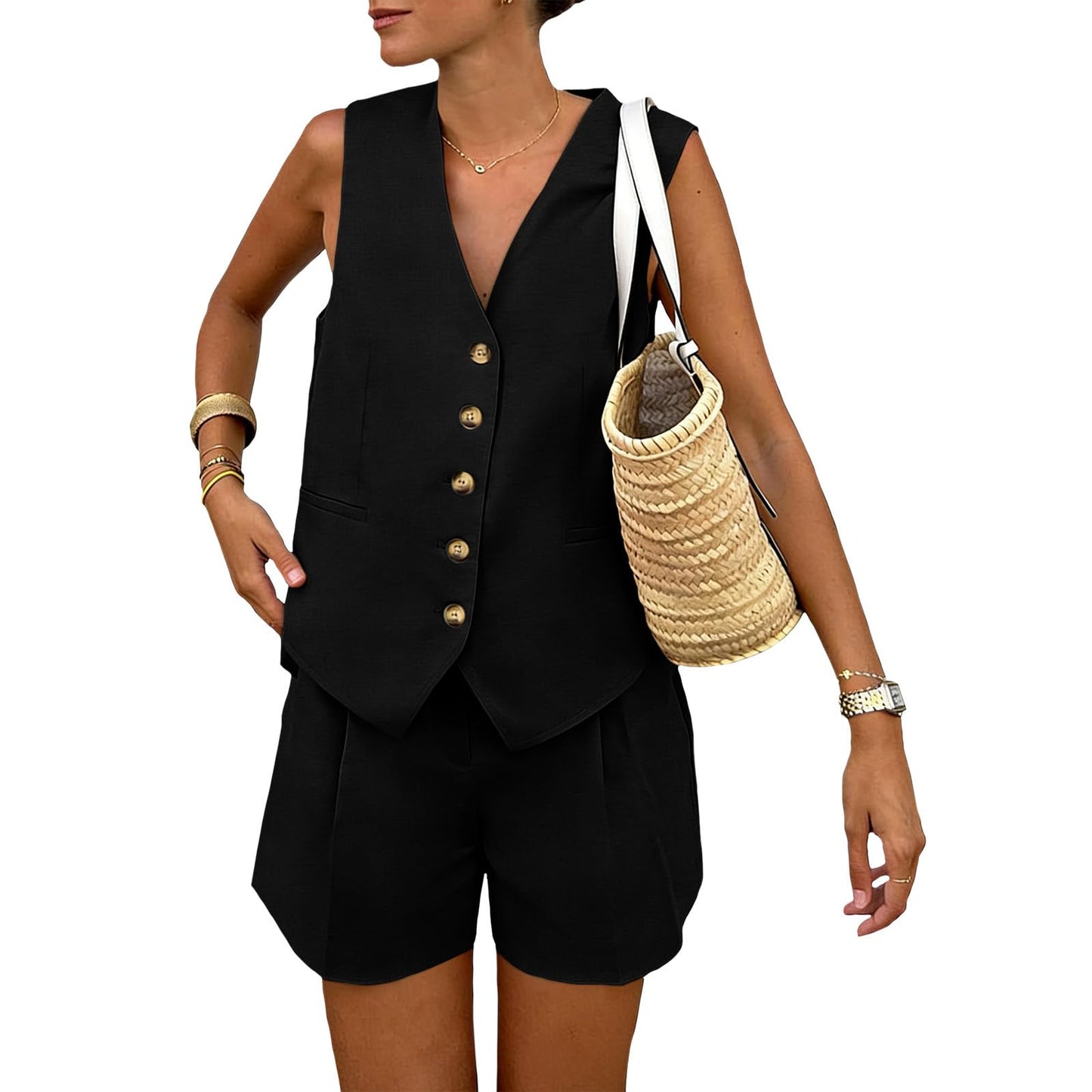 Bejirog Women's Summer 2 Piece Outfit Sets,V Neck Sleeveless Button Down Vest & Casual Shorts with Pockets Business Outfits