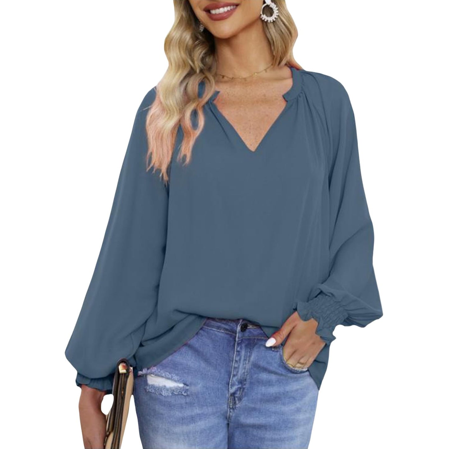 Gymrex Pleated Tops for Women - Lantern Sleeve Top V Neck Pleated Blouse Spring 2026 Trendy Long Sleeve Plus Size Shirt