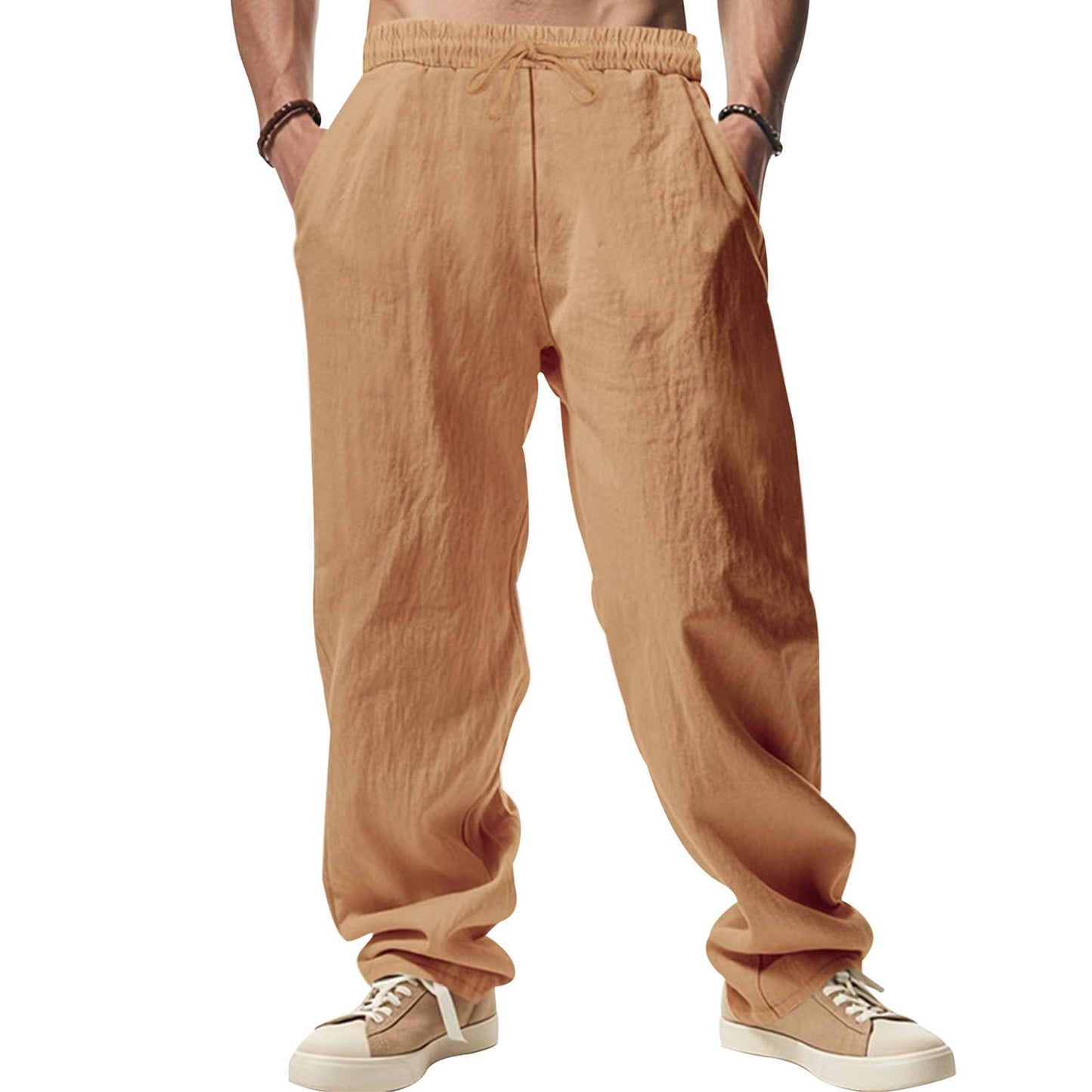 GYMTSL Mens Linen Pants Drawstring Baggy Casual Summer Trousers Straight-Legs Elastic Waist Beach Pants with Pockets