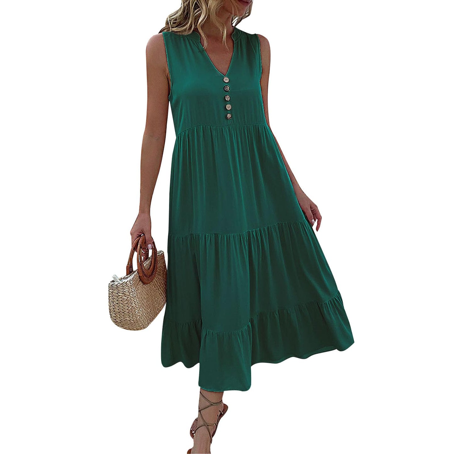 FONDBERYL Sleeveless Midi Dress for Women, V Neck Tank Dress with Tiered Ruffle Hem Flowy A Line Casual Spring Summer Dresses