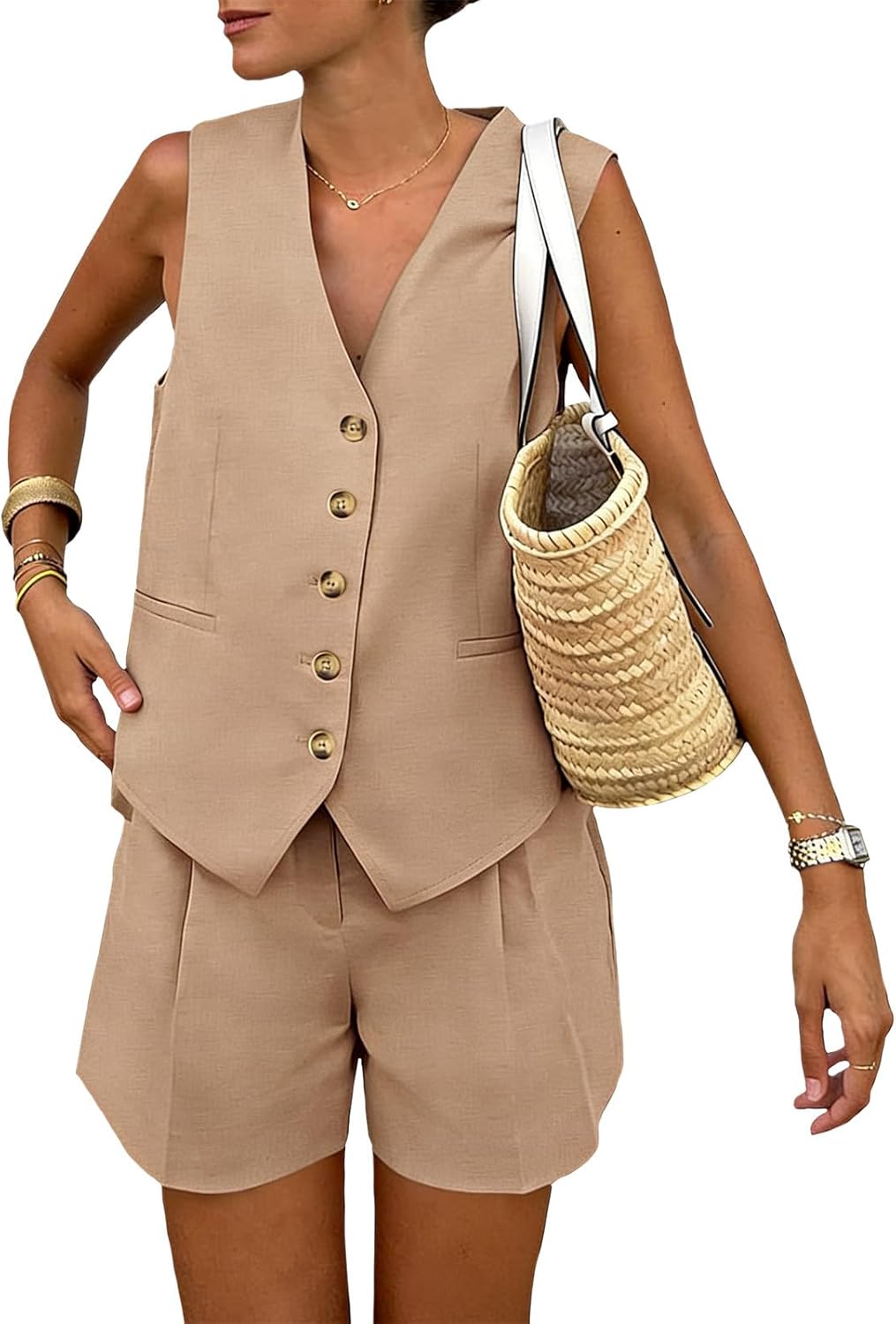 Bejirog Women's Summer 2 Piece Outfit Sets,V Neck Sleeveless Button Down Vest & Casual Shorts with Pockets Business Outfits