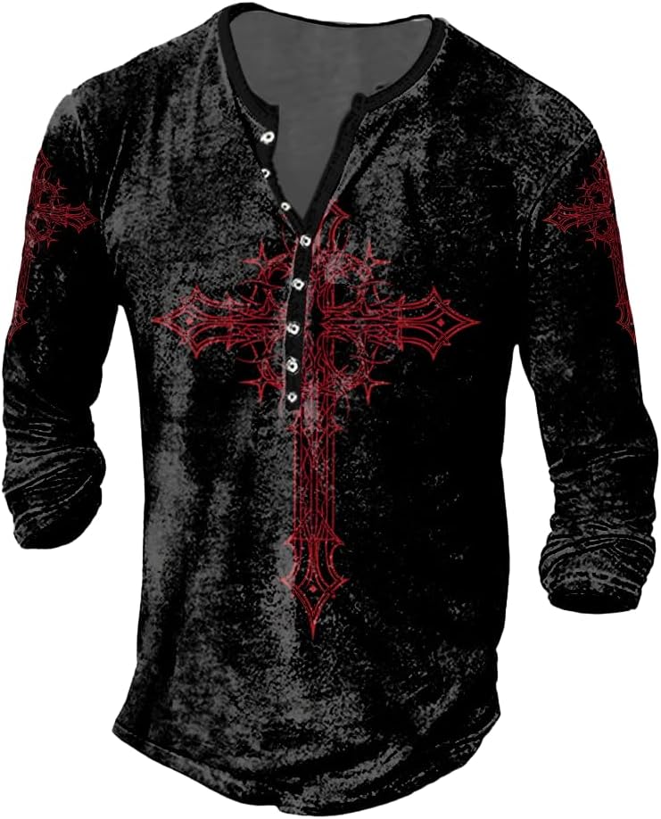 JiffPom Mens Henley Shirts Christian Shirt Jesus Cross Retro Long Sleeve Casual Button Down Washed T-Shirts Boy's Tops