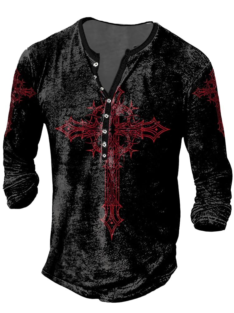 JiffPom Mens Henley Shirts Christian Shirt Jesus Cross Retro Long Sleeve Casual Button Down Washed T-Shirts Boy's Tops
