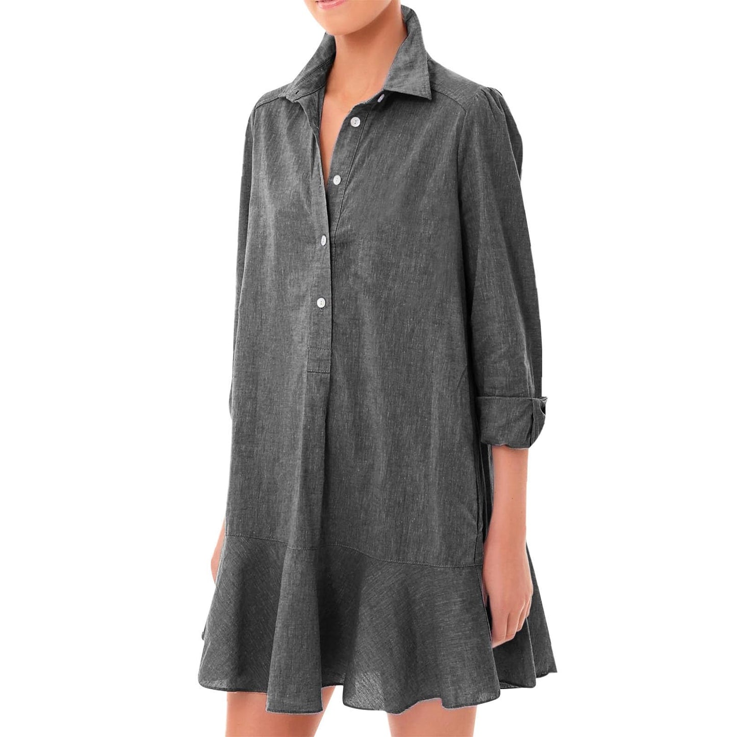JiffPom Tunic Shirt Dress for Women, Casual Cotton Linen Button Up Long Sleeve Mini Shift Dress with Ruffle Hem and Pockets