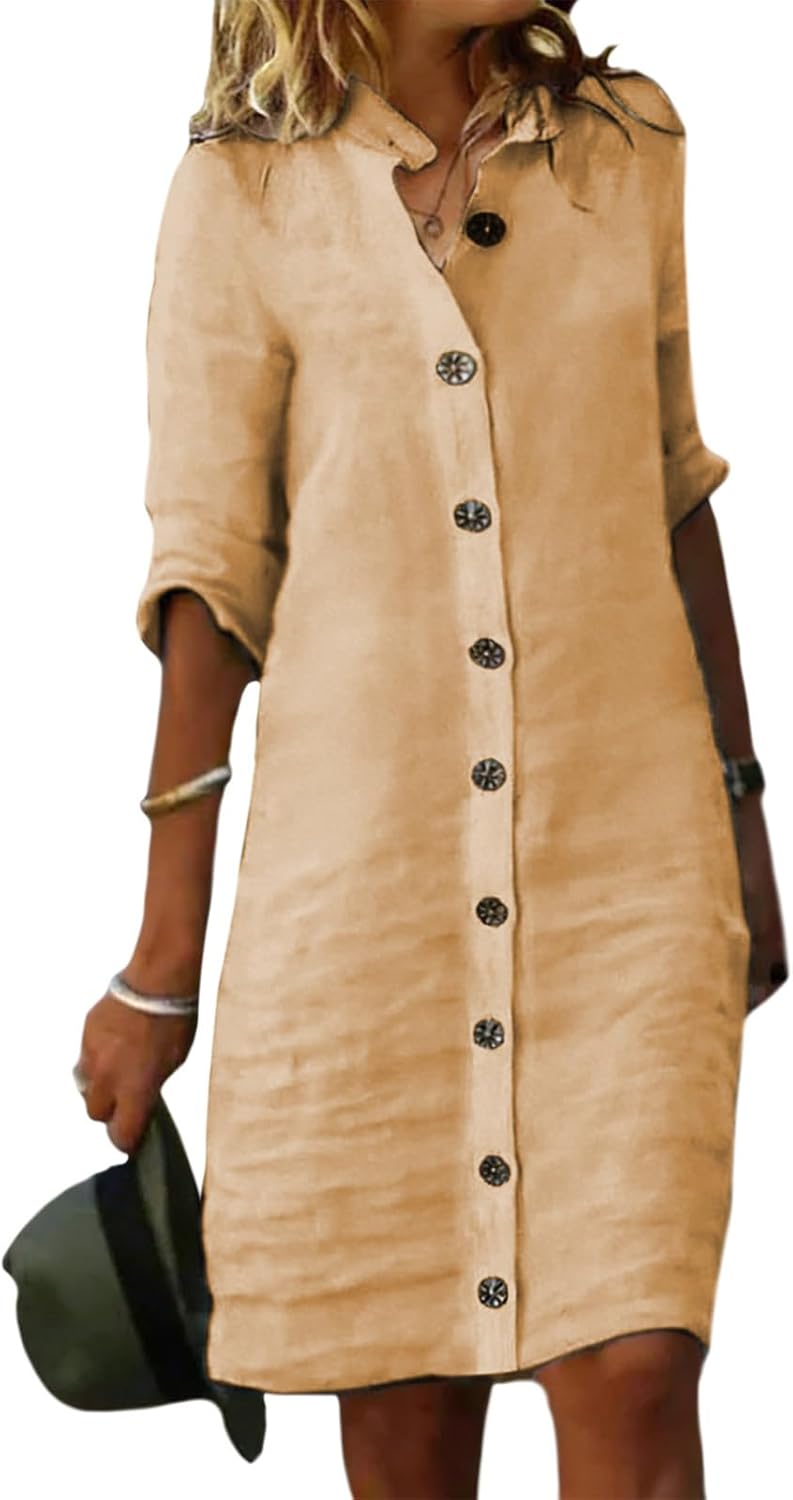 GYMTSL Linen Button Down Midi Shirt Dress for Women, Elbow Sleeve Knee Length Loose Casual Spring Summer Linen Button Dress