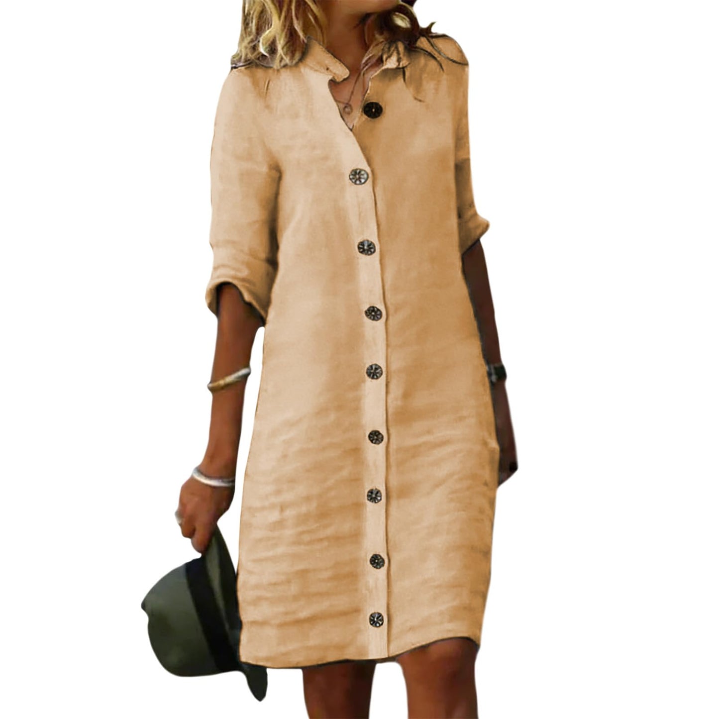 GYMTSL Linen Button Down Midi Shirt Dress for Women, Elbow Sleeve Knee Length Loose Casual Spring Summer Linen Button Dress