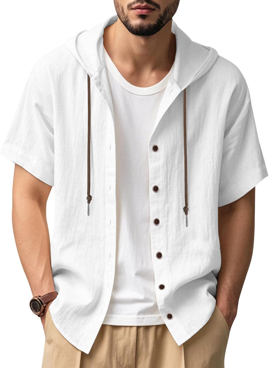 JiffPom Mens Shirts Solid Color Linen Short Sleeve Casual Loose Fit Button Down Shirts with Hoodies Summer Beach Tops