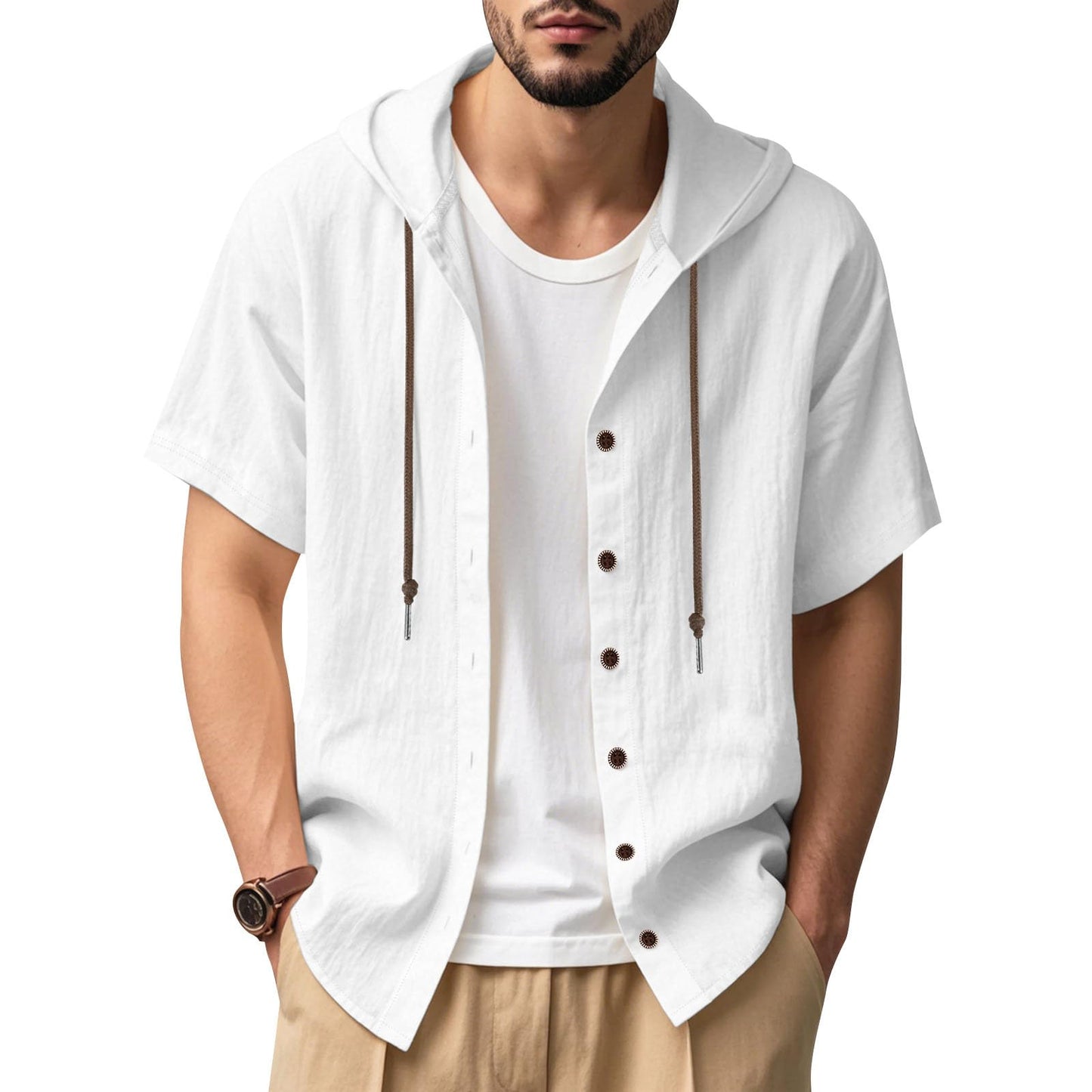 JiffPom Mens Shirts Solid Color Linen Short Sleeve Casual Loose Fit Button Down Shirts with Hoodies Summer Beach Tops