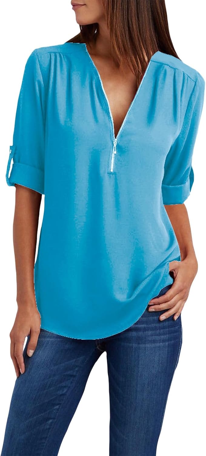 WAZZAP Women‘s Chiffon Tops, Zip Up V Neck Long Sleeve Shirt Roll Up Sleeve Loose Fit Tunic Tops Casual Trendy Chiffon Blouse