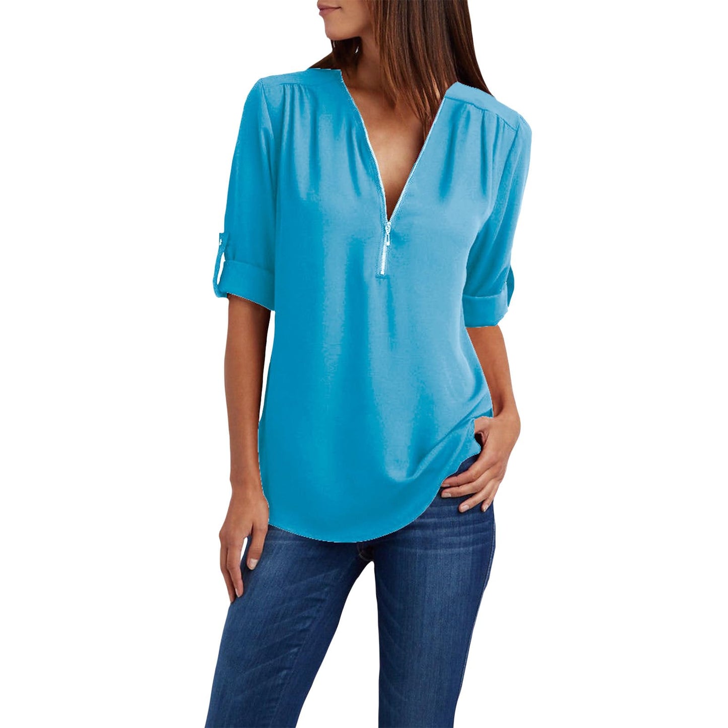 WAZZAP Women‘s Chiffon Tops, Zip Up V Neck Long Sleeve Shirt Roll Up Sleeve Loose Fit Tunic Tops Casual Trendy Chiffon Blouse