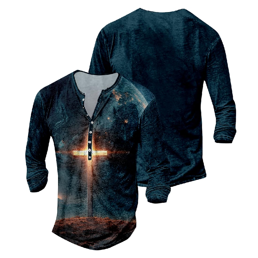 JiffPom Jesus Shirts for Men Distressed Henley Shirts Retro Cross Shirt Long Sleeve Shirt V Neck Button Down Washed T-Shirts