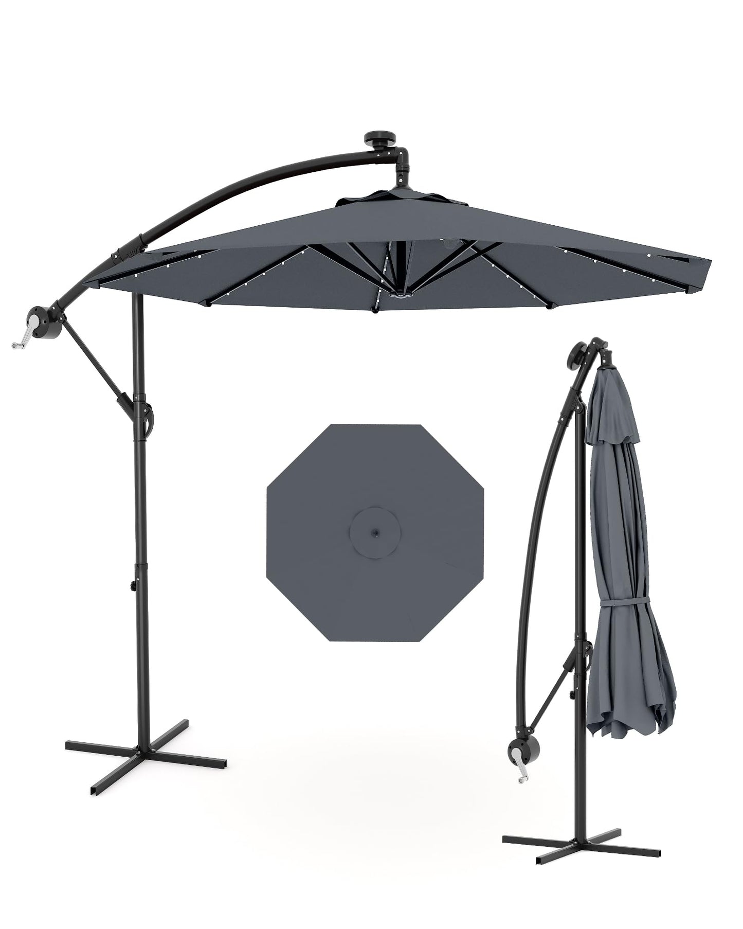 JiffPom 10FT Cantilever Patio Umbrella with Solar LED Lights - Offset Outdoor Umbrella - Easy Lift & Tilt - UV Protection - Fade Resistant - Ideal for Deck, Pool, Garden