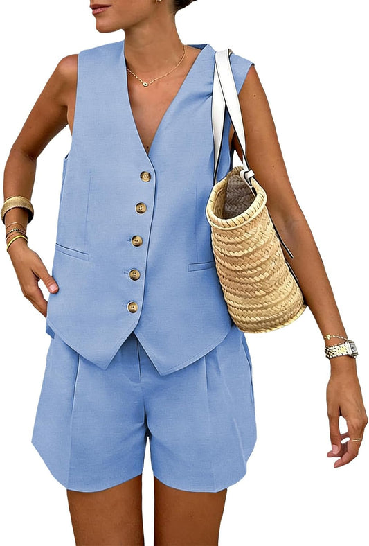 Bejirog Women's Summer 2 Piece Outfit Sets,V Neck Sleeveless Button Down Vest & Casual Shorts with Pockets Business Outfits