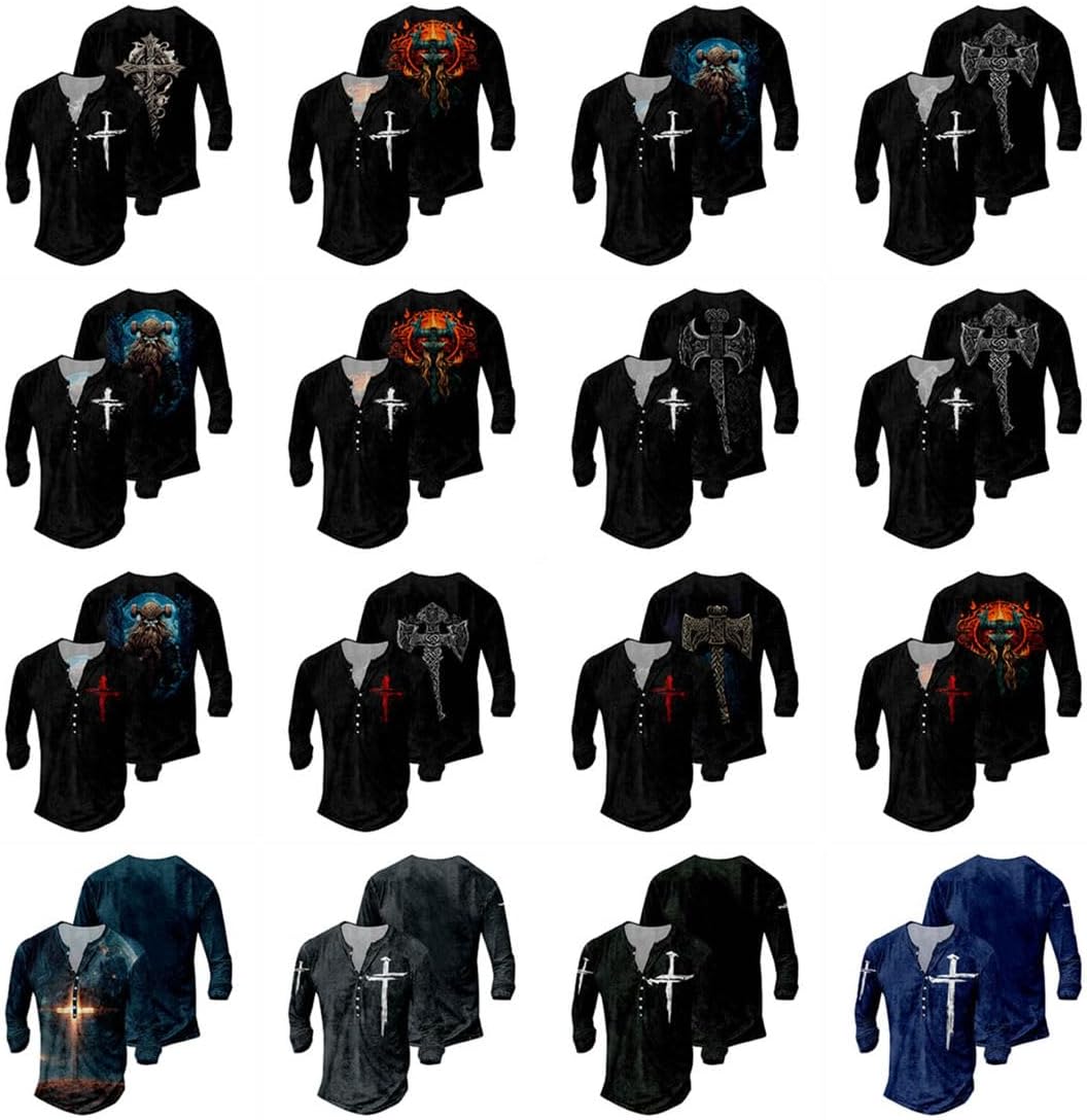 JiffPom Jesus Shirts for Men Distressed Henley Shirts Retro Cross Shirt Long Sleeve Shirt V Neck Button Down Washed T-Shirts