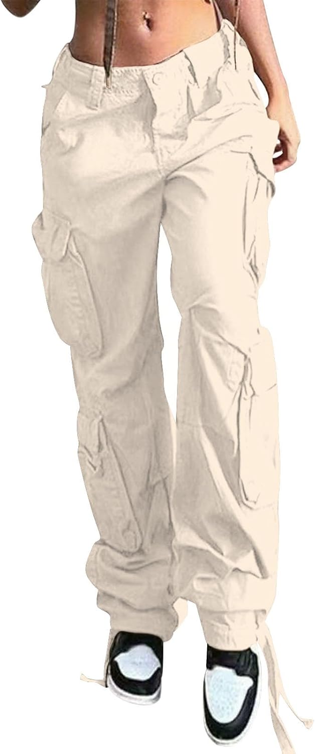 Reigee Womens Low Waisted Cargo Pants with Pockets, Y2K Baggy Stretchy Jeans for Women Streetwear Casual Straight Leg Cargo Trousers