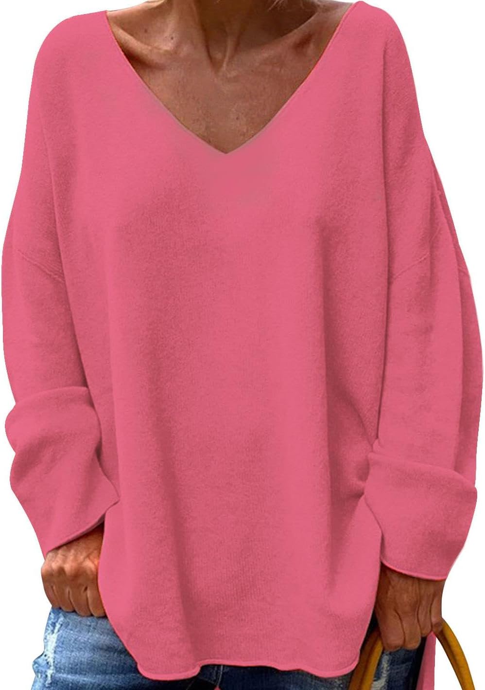GYMDOG Women Long Sleeve Shirts V Neck Casual and Fishion Solid Color Oversize Tops Basic Tee