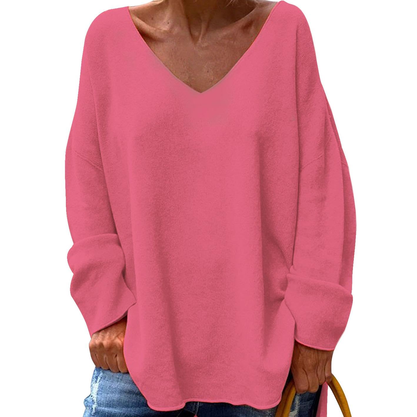 GYMDOG Women Long Sleeve Shirts V Neck Casual and Fishion Solid Color Oversize Tops Basic Tee