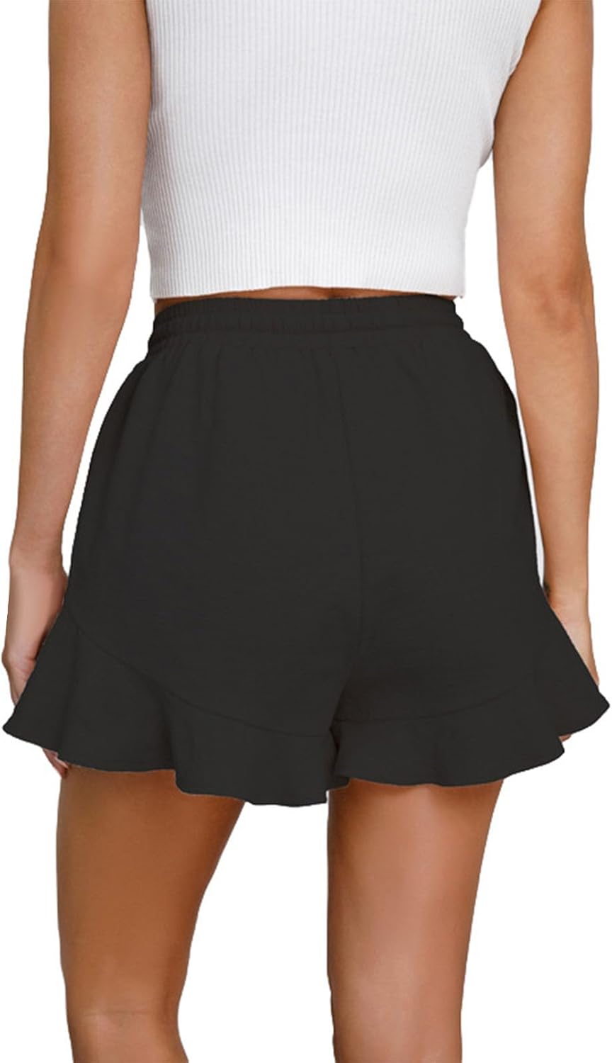 Reigee Women Cotton Ruffle Shorts Summer Elastic Waist Drawstring Casual Short Pants with Pockets Flared Hem Lightweight