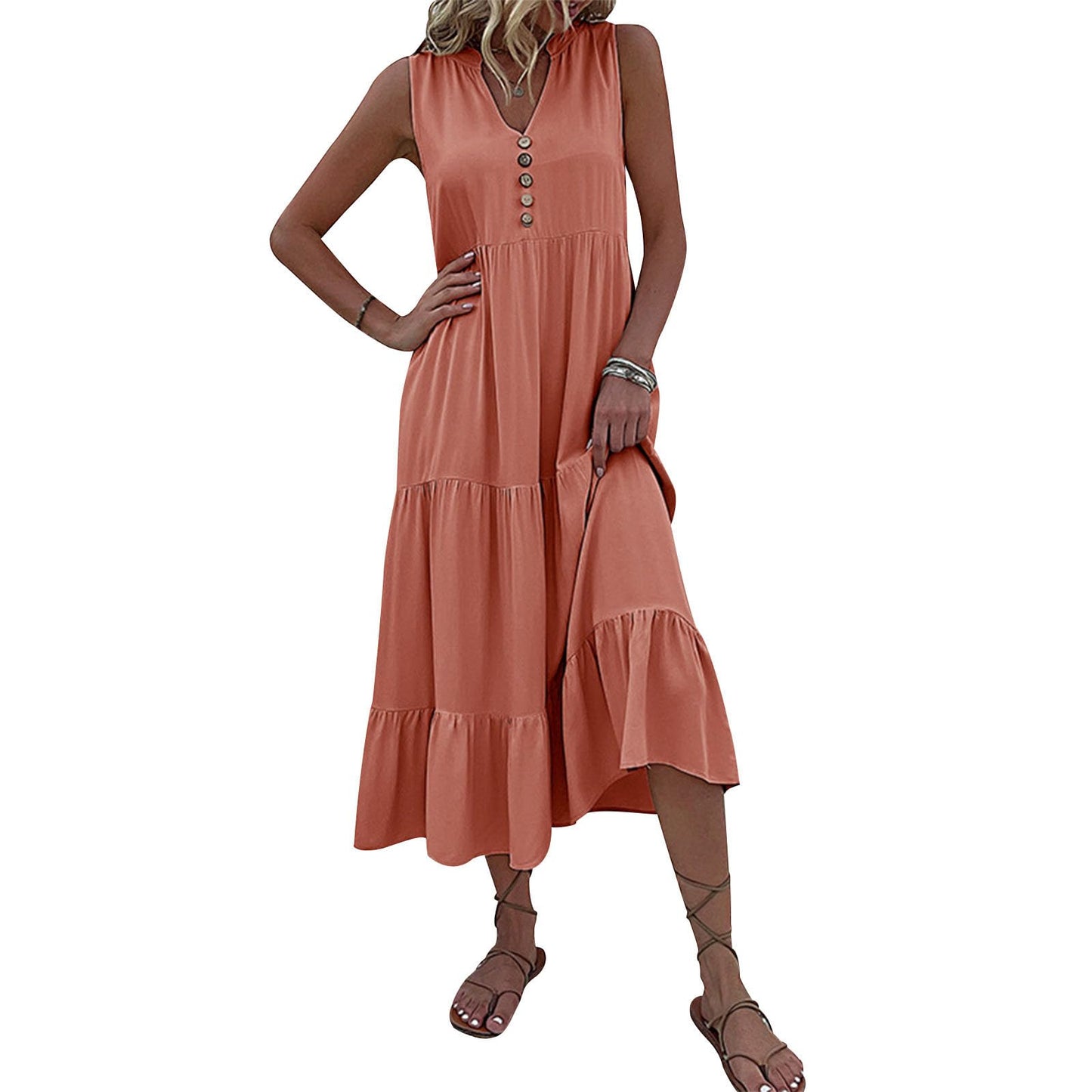 FONDBERYL Sleeveless Midi Dress for Women, V Neck Tank Dress with Tiered Ruffle Hem Flowy A Line Casual Spring Summer Dresses