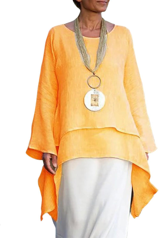 Befox Asymmetrical Hem Tops for Women Linen Blouse Long Sleeve Crew Neck Flowy Tunic Shirt Irregular Hem Plus Size Tops
