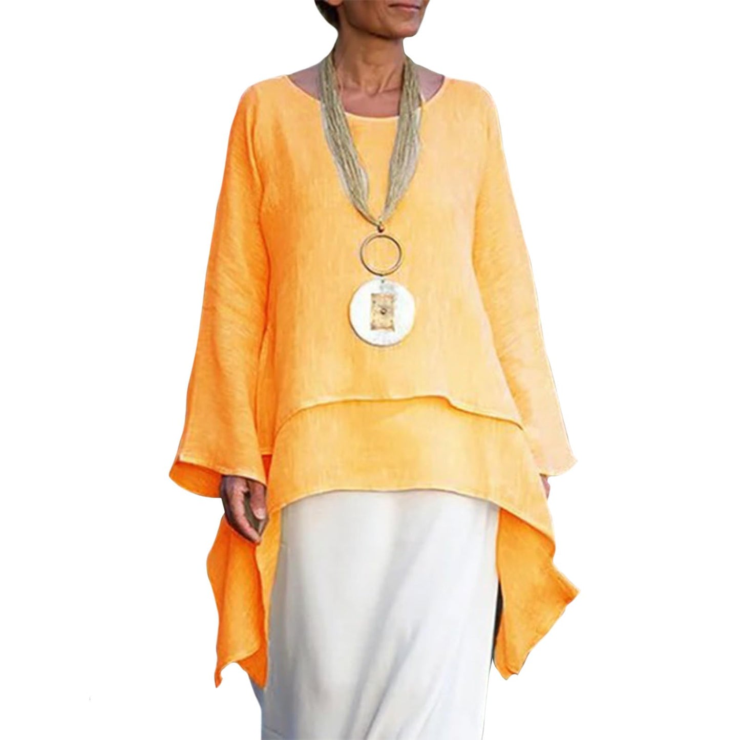Befox Asymmetrical Hem Tops for Women Linen Blouse Long Sleeve Crew Neck Flowy Tunic Shirt Irregular Hem Plus Size Tops