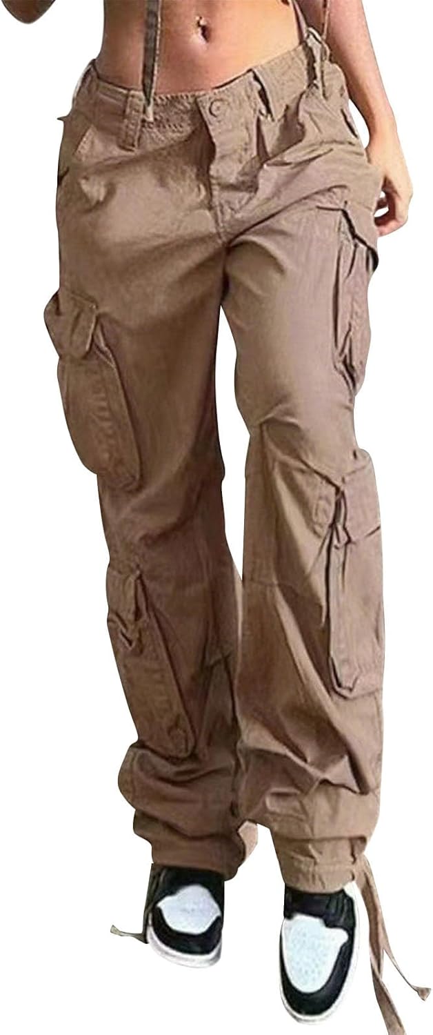 Reigee Womens Low Waisted Cargo Pants with Pockets, Y2K Baggy Stretchy Jeans for Women Streetwear Casual Straight Leg Cargo Trousers