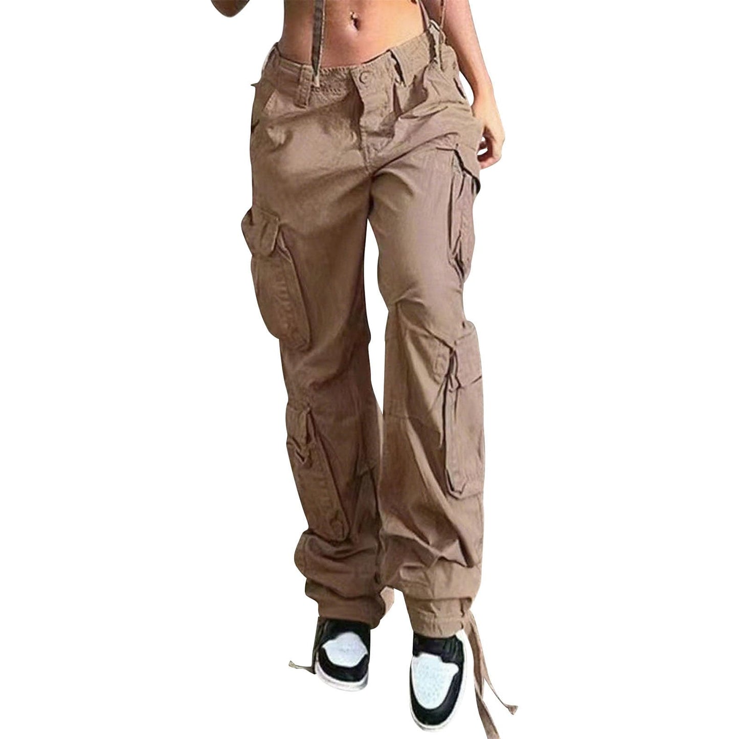 Reigee Womens Low Waisted Cargo Pants with Pockets, Y2K Baggy Stretchy Jeans for Women Streetwear Casual Straight Leg Cargo Trousers