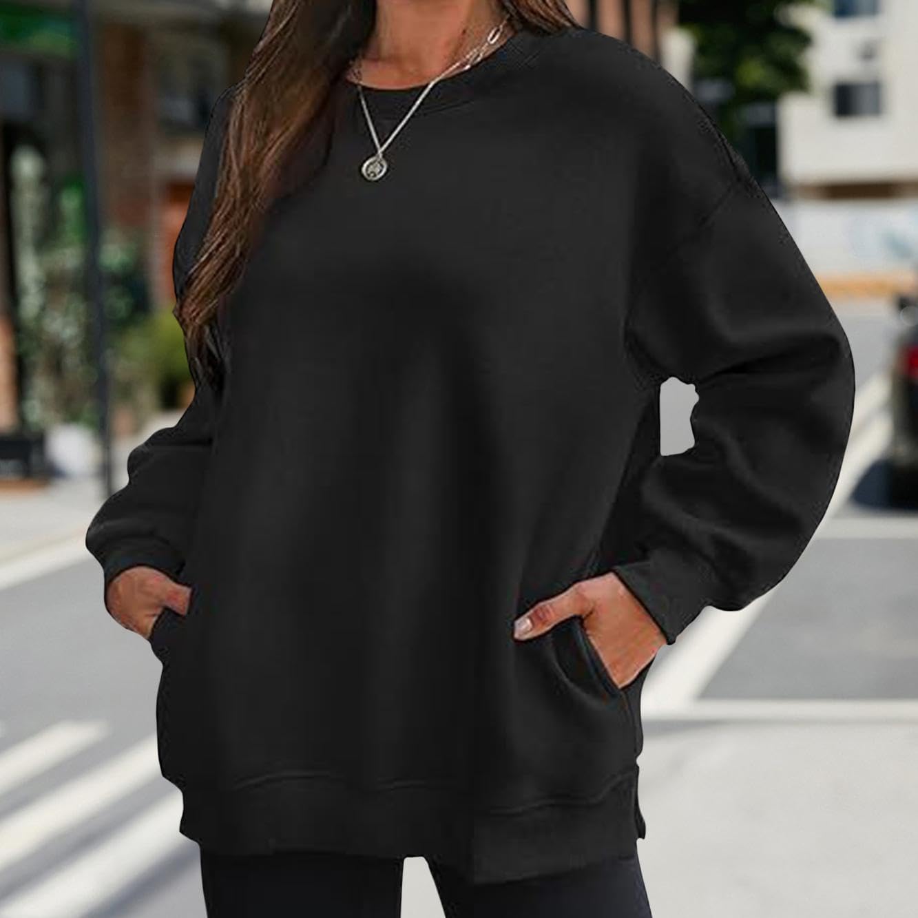 FONDBERYL Sweatshirt for Women 2025 Fall Winter Long Cuffed Sleeve Crew Neck Sweatshirts with Pockets