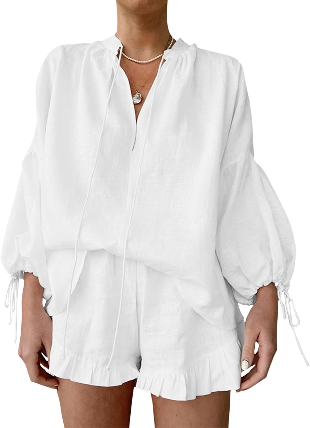 Gymrex Linen Shorts Sets Women 2 Piece Outfits, V-Neck Tie Front Lantern Sleeve Top & Elastic Waist Ruffle Shorts