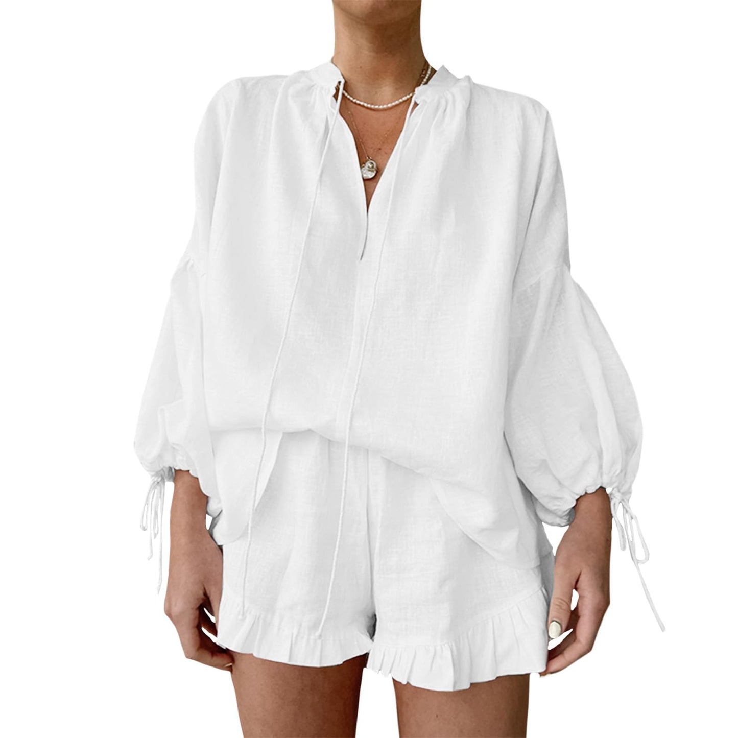 Gymrex Linen Shorts Sets Women 2 Piece Outfits, V-Neck Tie Front Lantern Sleeve Top & Elastic Waist Ruffle Shorts