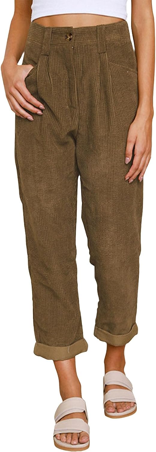 Reigee Womens Premium Corduroy Pants High Waist Wide Leg Trousers with Pockets Button Closure Elastic Waistband Casual Straight