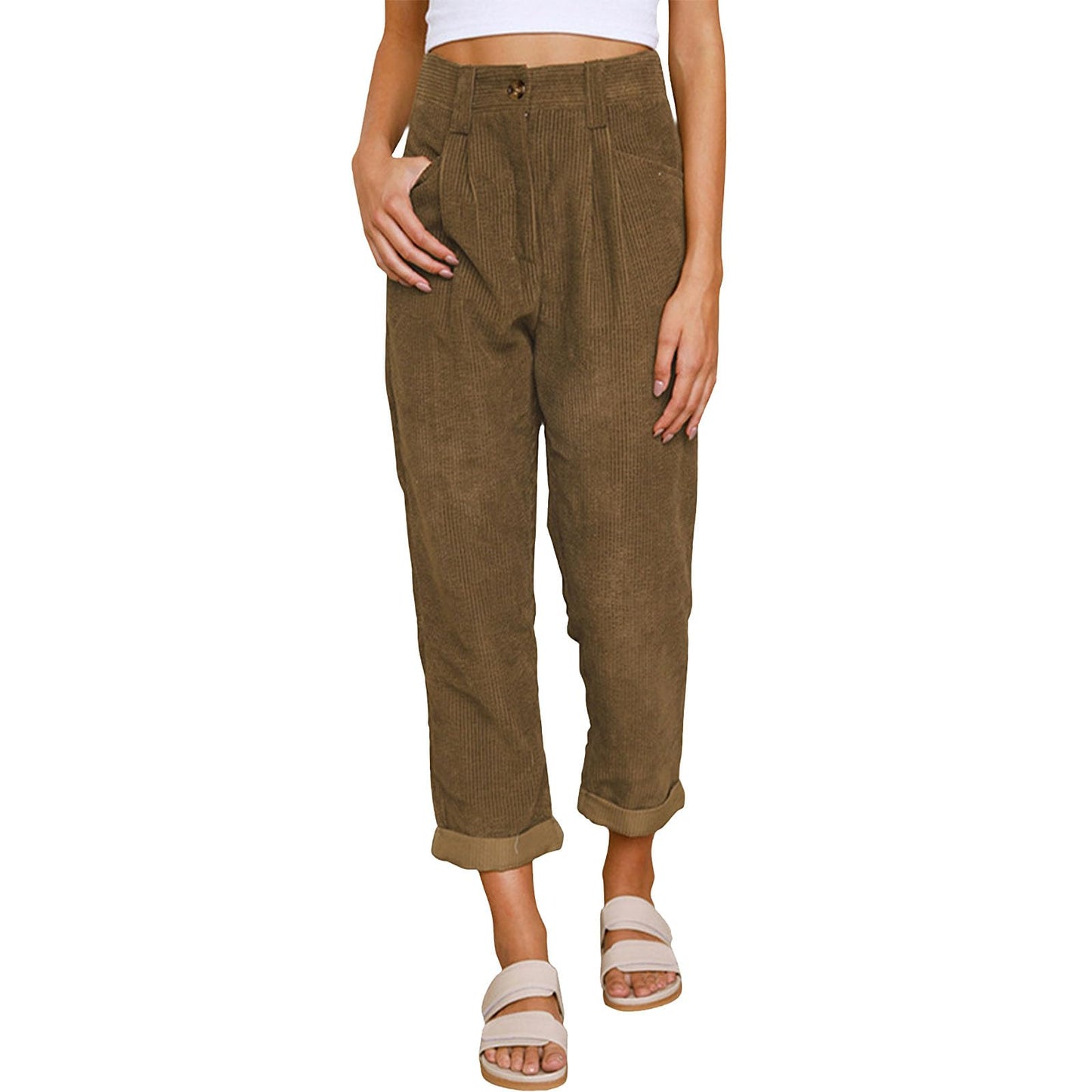 Reigee Womens Premium Corduroy Pants High Waist Wide Leg Trousers with Pockets Button Closure Elastic Waistband Casual Straight