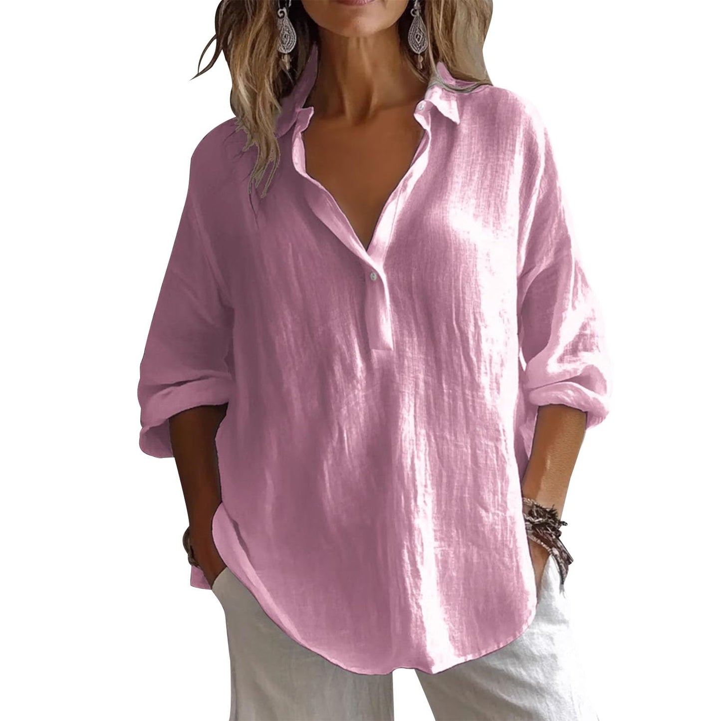 gukoo Womens Linen Shirts 3/4 Sleeve Blouses Casual V Neck Collar Shirt Trendy Tops Solid Color Summer Clothes