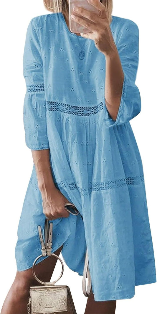 Bejirog Plus Size Linen Dress for Women, Eyelet Lace 3/4 Sleeve Crew Neck Casual Summer Long Flowy Loose Midi Linen Dress