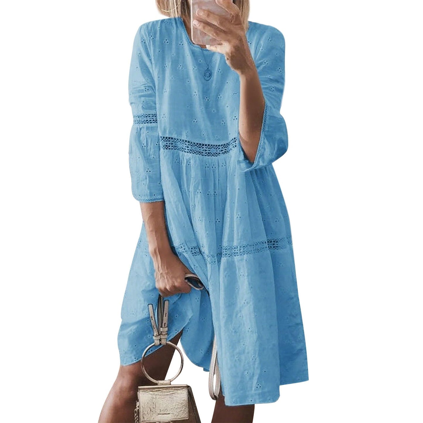 Bejirog Plus Size Linen Dress for Women, Eyelet Lace 3/4 Sleeve Crew Neck Casual Summer Long Flowy Loose Midi Linen Dress