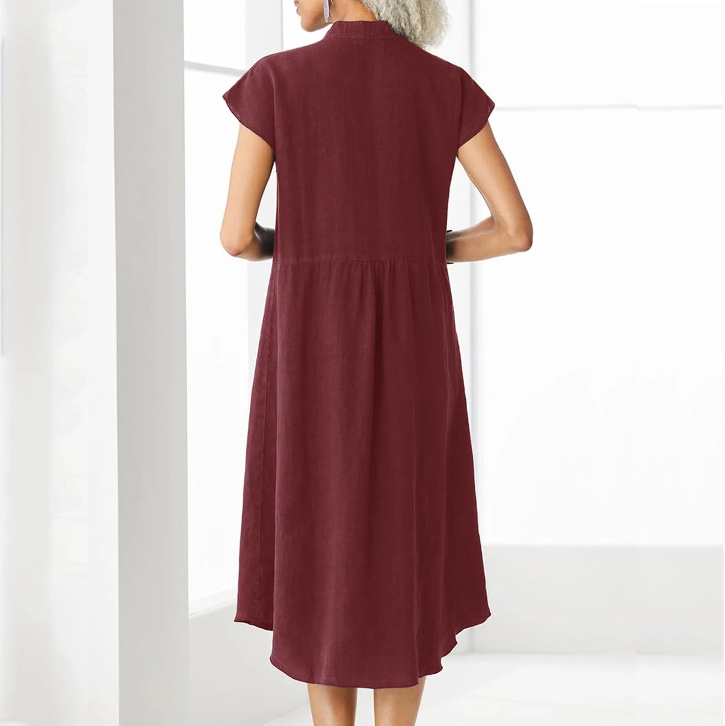 NAILONG Linen Button Up Shirt Dress for Women, Cap Sleeve Summer Casual Flowy Beach Vacation Linen Midi Dress with Pockets