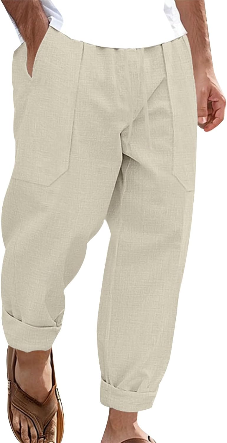 gukoo Linen Pants Men Summer Lightweight Casual Relaxed Fit Elastic Waist Yoga Travel Vacation Beach Pants with Pockets