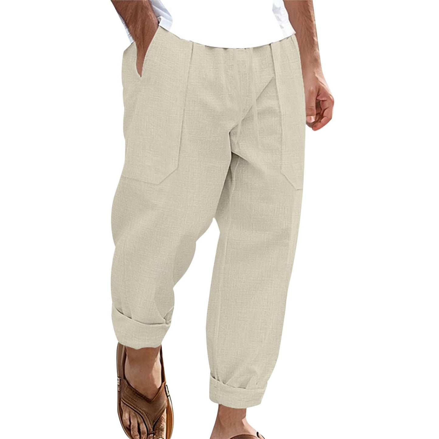 gukoo Linen Pants Men Summer Lightweight Casual Relaxed Fit Elastic Waist Yoga Travel Vacation Beach Pants with Pockets