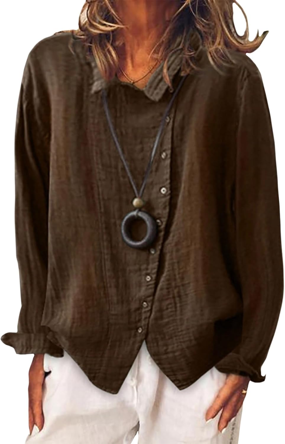 Gymrex Linen Button Down Shirts for Women, Long Sleeve Lightweight Loose Fit Blouse Dressy Casual Trendy Fashion Tops