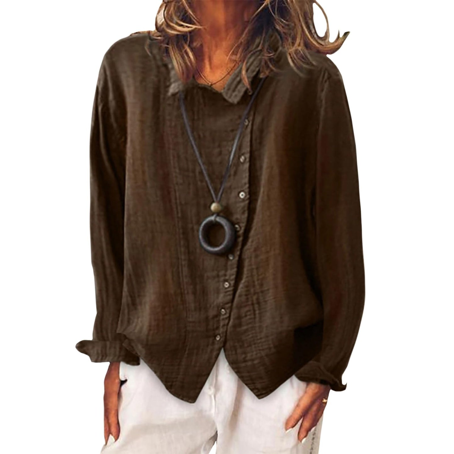 Gymrex Linen Button Down Shirts for Women, Long Sleeve Lightweight Loose Fit Blouse Dressy Casual Trendy Fashion Tops
