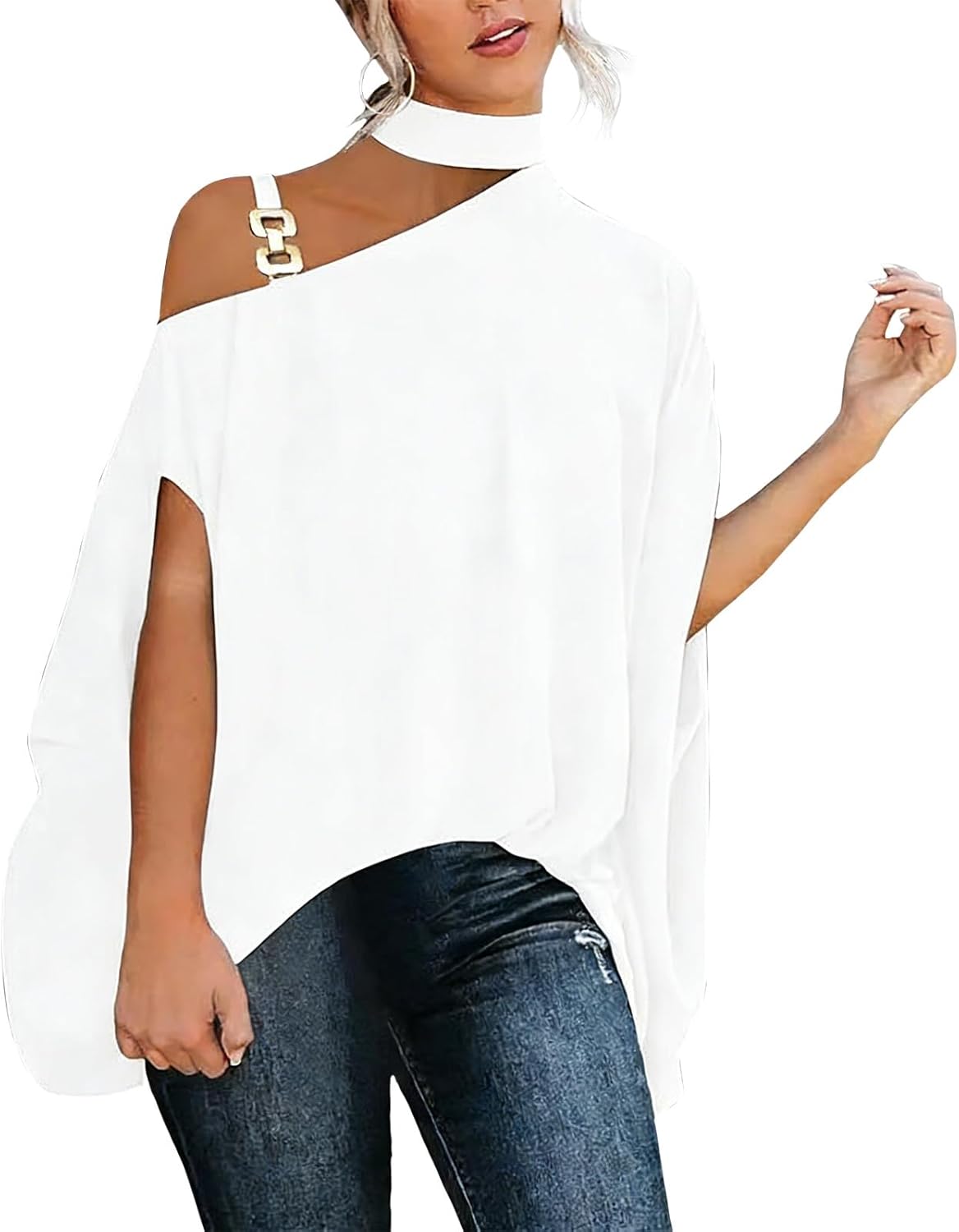 WAZZAP Women‘s One Shoulder Dolman Tops, Batwing Sleeve Off Shoulder Mock Neck Loose Dressy Blouse for Women Elegant Shirts