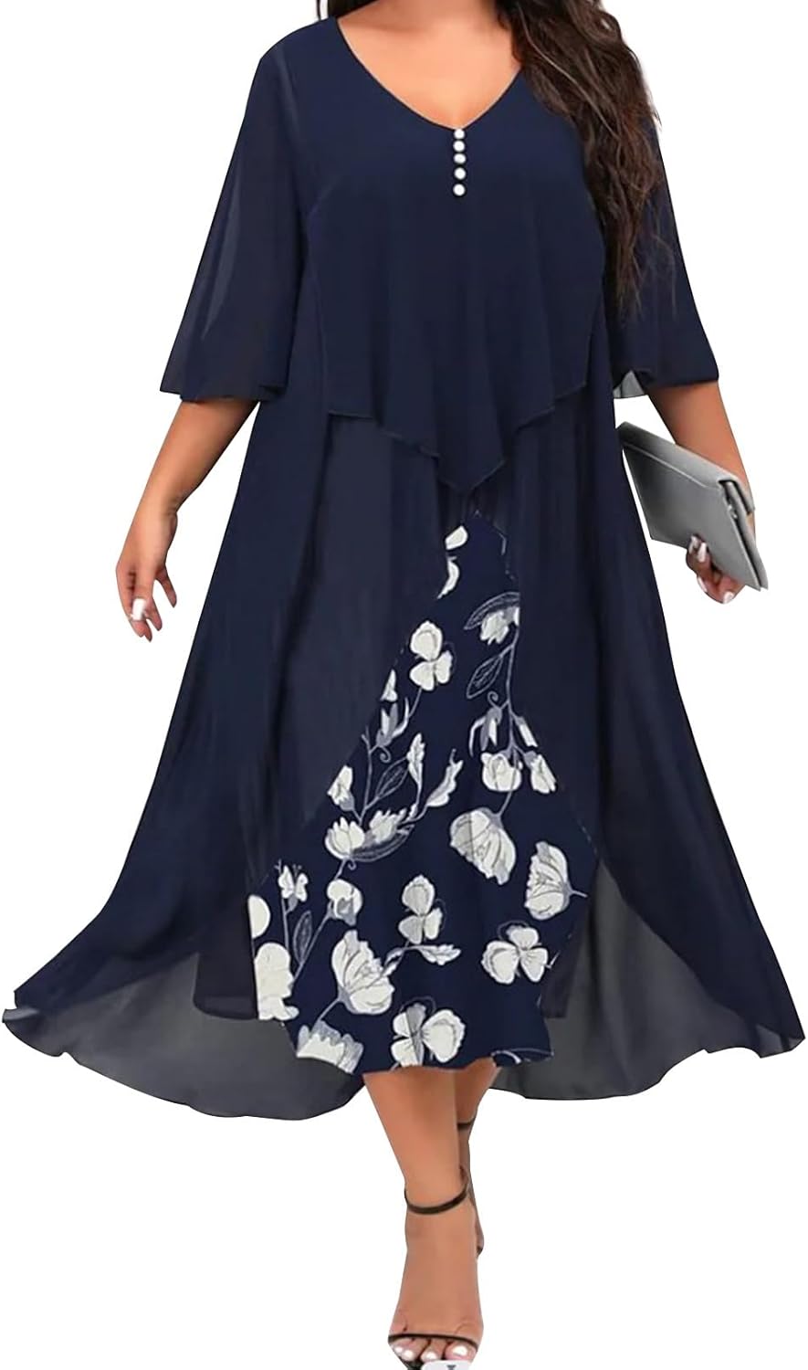 FONDBERYL Flowy Chiffon Floral Maxi Dress for Women V Neck Half Sleeve Ruffle Plus Size Elegant Cocktail Wedding Guest Dresses
